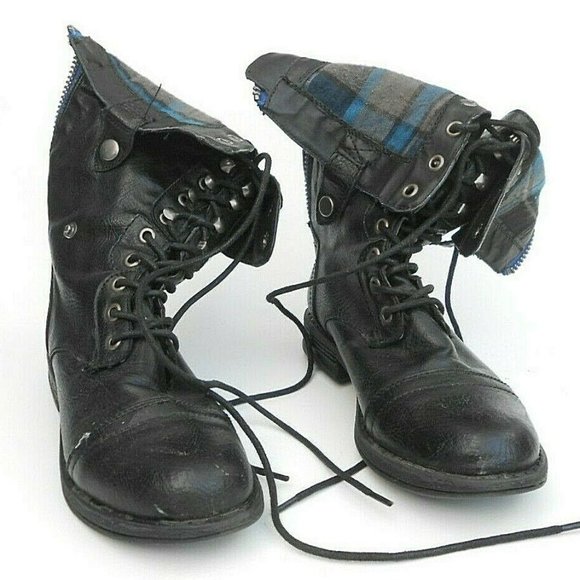 Cathy Jean Black Combat Boots Plaid Lining Fold Down Snap Zipper Womens Size 5 - Picture 6 of 11